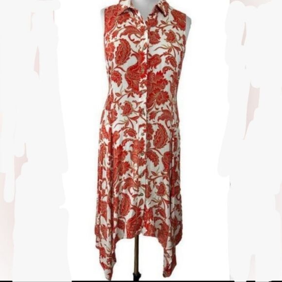 MSK Cream & Burnt Orange Floral Button Front Sleeveles Handkerchief Midi Dress - Picture 1 of 9
